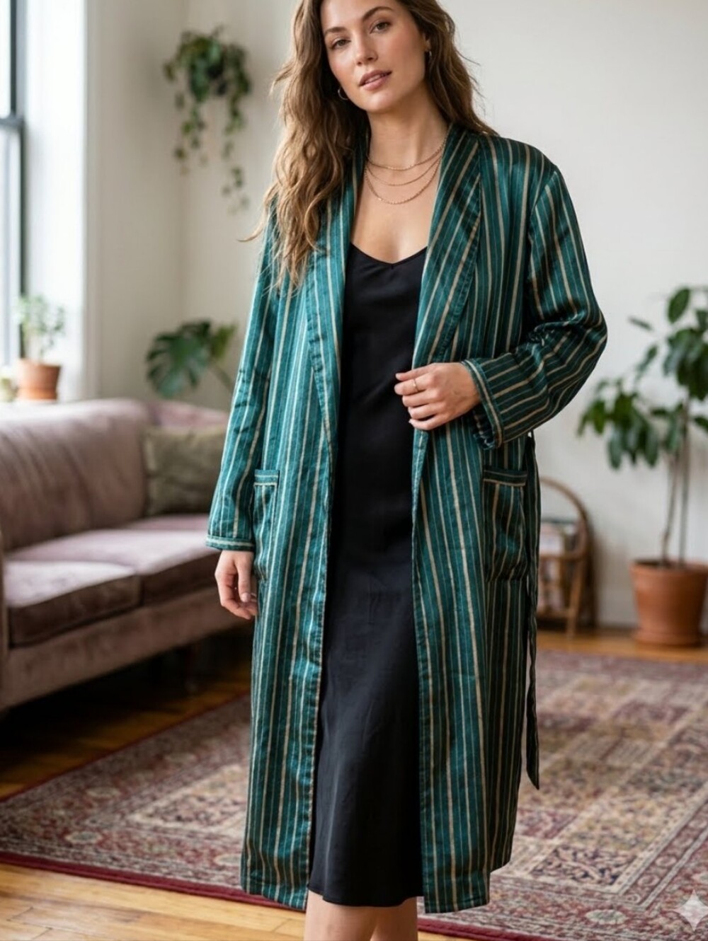 Victoria Secret Vintage Satib Long Teal & Gold Striped Robe Sz M
